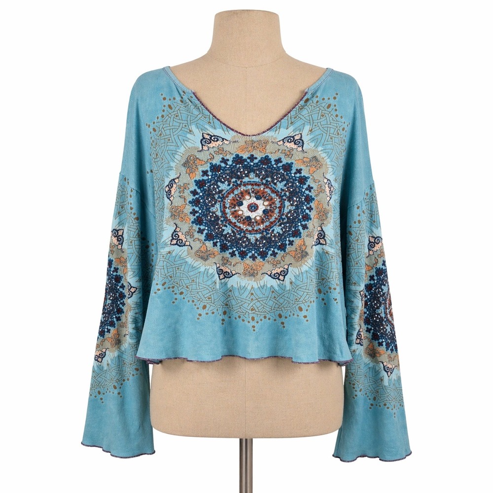 Vtg Y2K Mandala Beaded V Neck Top Size XL Teal Blue V Neck Boho Indie Grunge